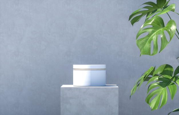 Cosmetic container on a cement podium with palm leaves
