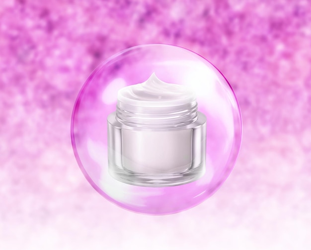 Photo cosmetic container cream and giant soap bubbles in 3d illustration