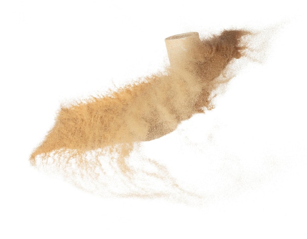 Cosmetic container white bottle fly splashing in mid air Moisturizer lotion cream bottle explosion flying with sand powder dust under dry sun White background isolated high speed shutter freeze