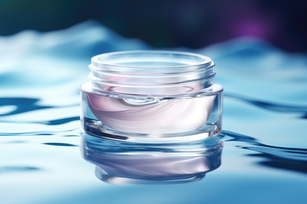 Cosmetic cream blank jar mock up with blue clean water on light pastel background