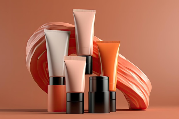 Cosmetic cream bottles on a background of red and orange