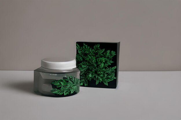 Photo cosmetic cream container with green aloe vera herbal leaves