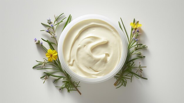 cosmetic cream and flowers on color background
