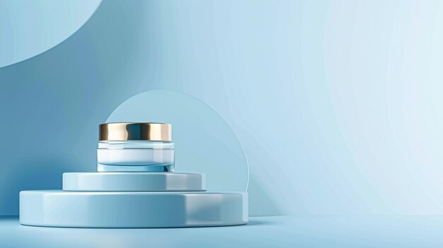 Cosmetic cream in a glass jar on blue backdrop Skin care concept Background for beauty products