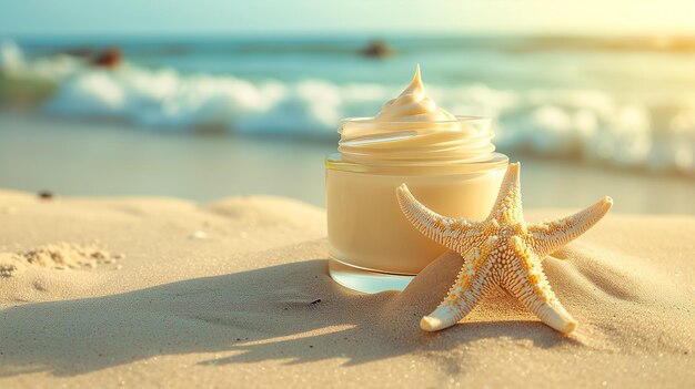 Cosmetic cream in a glass jar on a sandy beach starfish the sea on the background Eco concept