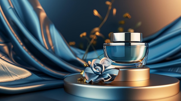 Фото Косметический крем в стеклянной банки на синем фоне концепция ухода за кожей фон для косметических продуктов