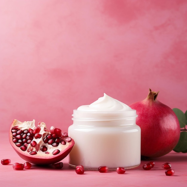 Cosmetic cream in a jar and with fresh pomegranate on a pastel color backgroundx9