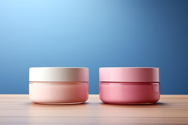 Cosmetic cream jar on wooden table with blurred mountain background 3d render