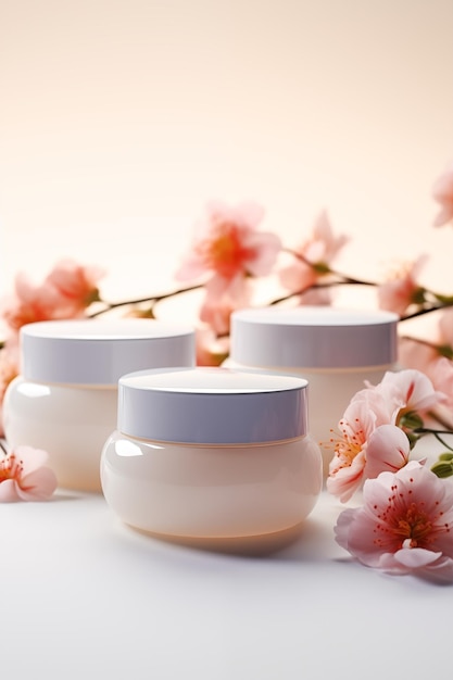 Фото Макет баночек косметического крема на белом фоне с весенними цветами дизайн упаковки продуктов по уходу за кожей