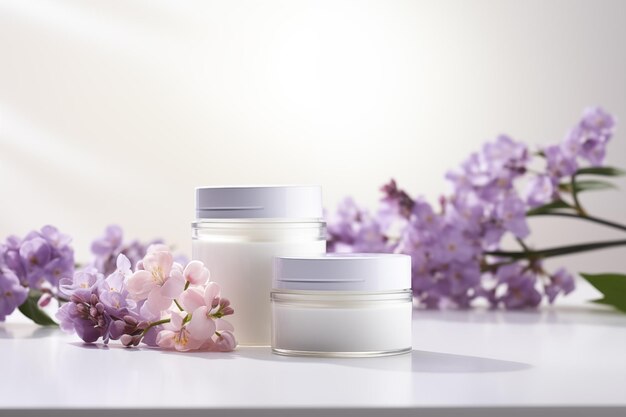 Cosmetic cream jars mockup on white background with spring flowers Skin care product package design