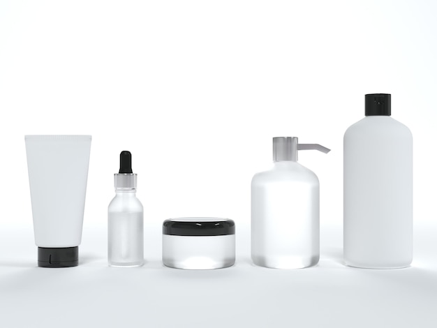 Cosmetic cream tube jar with lid liquid soap and shampoo serum bottle 3D render on white background