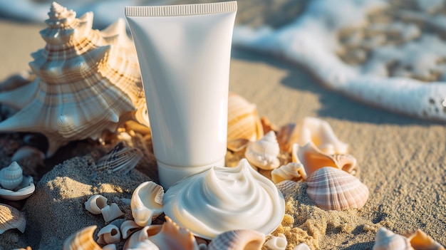 Cosmetic cream in a tube on a sandy beach shells the sea on the background Eco concept