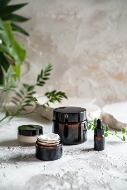 Cosmetic creams for face and body in jars on a table with indoor plants beauty and spa concept