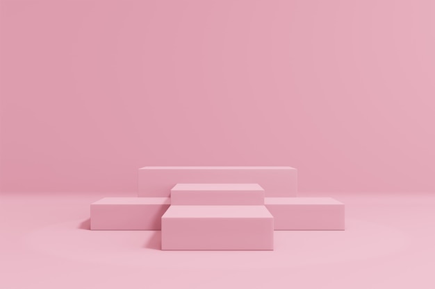 Cosmetic display product stand. Five pink blocks set on pastel background. 3D rendering illustration