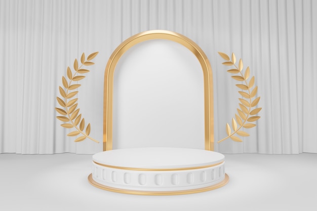 Cosmetic display product stand, Gold white round cylinder podium with gold olive leaf and gold arch frame on white curtain background. 3D rendering illustration