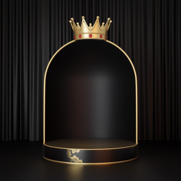 Cosmetic display product stand, Marble black gold cylinder podium with gold crown and arch wall on black background. 3D rendering illustration