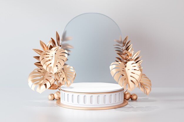 Cosmetic display product stand, Roman white cylinder podium with circle arch matte glass wall and gold leaf on light background. 3D rendering illustration