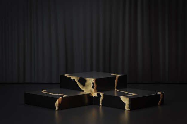 Cosmetic display product stand, Three Marble black gold block podium on black background. 3D rendering illustration