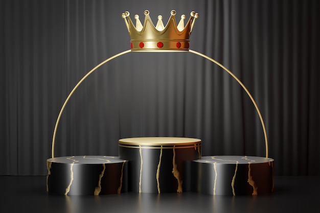 Cosmetic display product stand, Three Marble black gold cylinder podium with gold crown and ring on black background. 3D rendering illustration