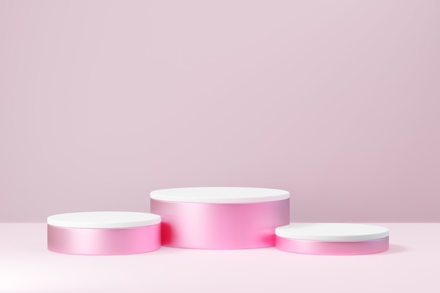 Foto espositore per prodotti cosmetici, tre podio cilindrico rotondo bianco rosa su sfondo rosa. illustrazione di rendering 3d.