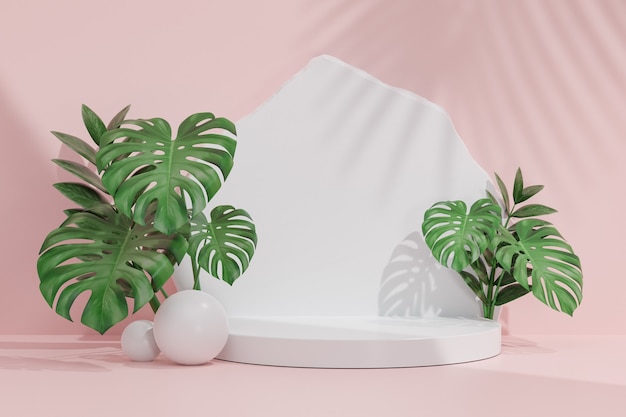 Espositore per prodotti cosmetici, podio cilindrico bianco con pietra bianca e parete di foglie di monstera su sfondo rosa. illustrazione di rendering 3d