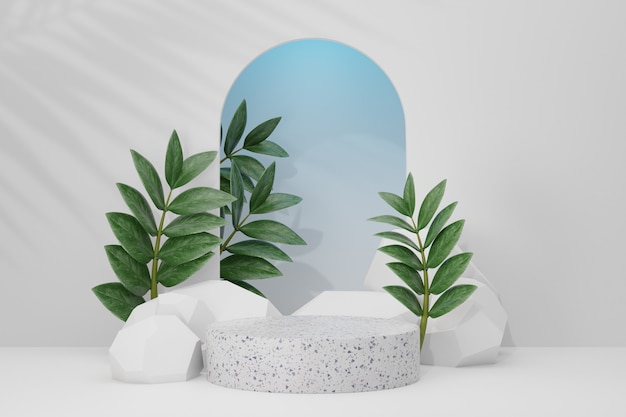 Cosmetic display product stand, White marble cylinder and white stone arch wall with green leaf background. 3D rendering illustration