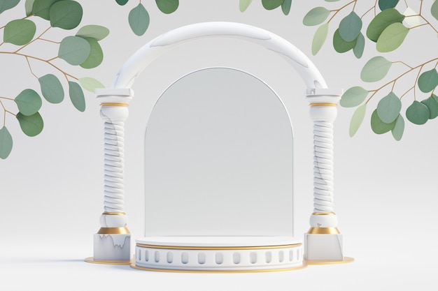 코스메틱 디스플레이 제품 스탠드, 유리 벽 기둥 그리스 스타일 및 밝은 배경에 녹색 잎 식물이 있는 흰색 대리석 금 연단. 3D 렌더링 그림