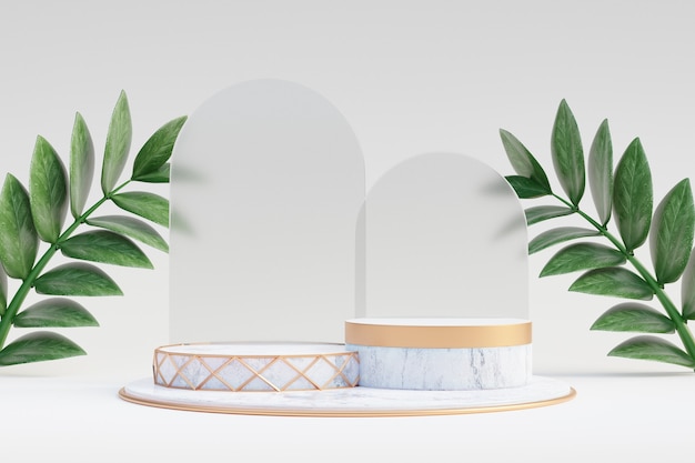 Cosmetic display product stand, White marble gold podium with glass wall and green leaf plant on light background. 3D rendering illustration