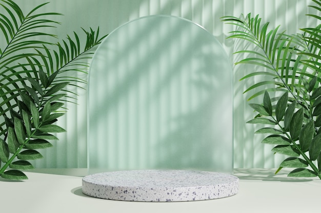 Cosmetic display product stand, White marble podium with circle glass wall and nature palm leaf on light green background. 3D rendering illustration