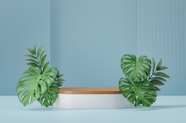 Cosmetic display product stand, Wood white cylinder podium and green plant leaf on blue background. 3D rendering illustration