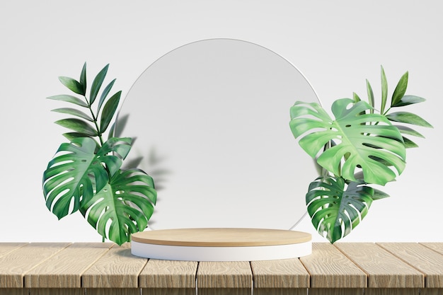 Espositore per prodotti cosmetici, podio in legno bianco con pianta a foglia verde e vetro circolare su sfondo tavolo in legno. illustrazione di rendering 3d