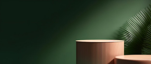 Cosmetic display product stand Wooden round cylinder podium and green background Generative ai