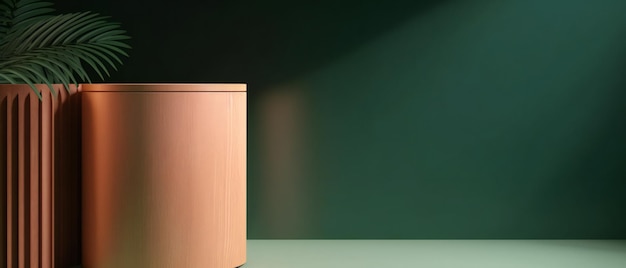 Cosmetic display product stand Wooden round cylinder podium and green background Generative ai