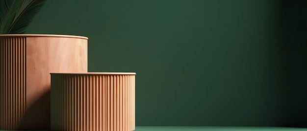 Cosmetic display product stand Wooden round cylinder podium and green background Generative ai