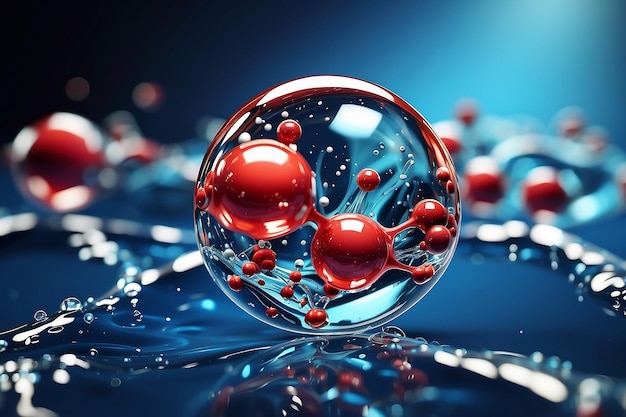 Cosmetic Essence Liquid bubble Molecule inside Liquid Bubble on DNA water splash background 3d rendering