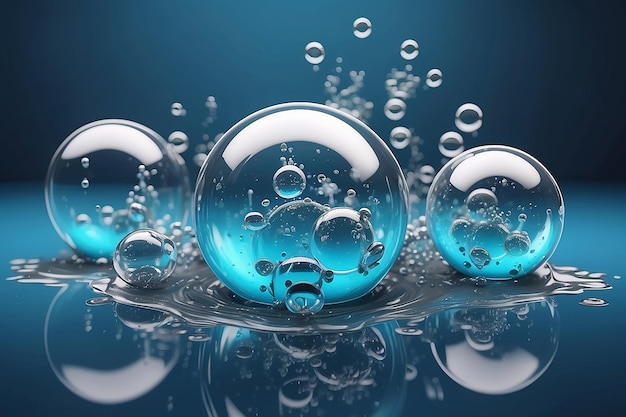 Cosmetic Essence Liquid bubble Molecule inside Liquid Bubble on water background 3d rendering