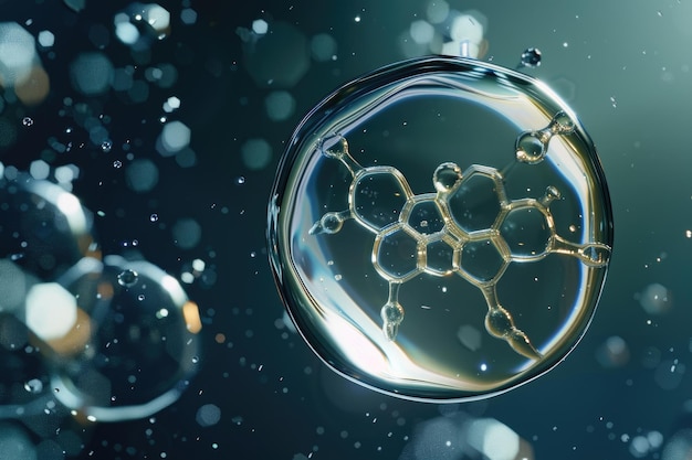 コスメティック・エッセンス 液体泡 液体の内部の分子 水の背景の液体泡 3Dレンダリング