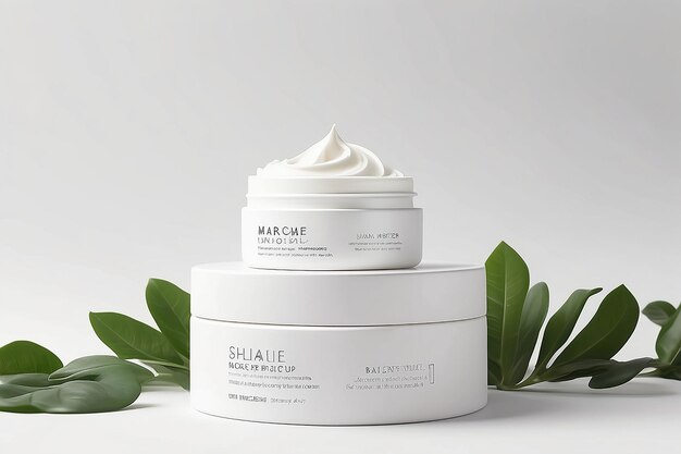 Cosmetic face cream mockup tube on white podium with plant leaves