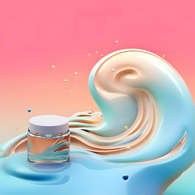 cosmetic Jar on colorful liquid wave splash