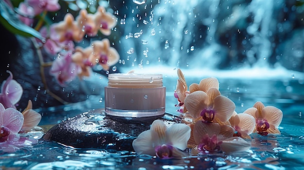 Foto cosmetic jar skin face moisturizer cream superficie dell'acqua sfondo orchidee trattamento di bellezza eco