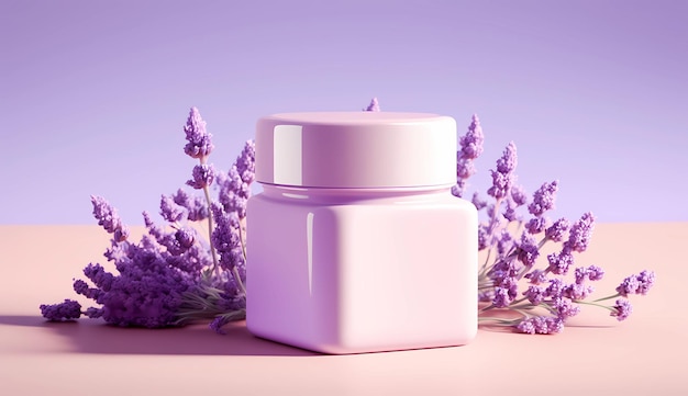 Cosmetic jar with cream surrounded with lavender for a beauty product showcase and presentation