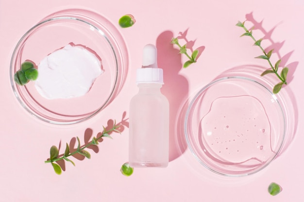 Cosmetic jar with a white cap and a pipette on a pink background Petri dishes with gel and cream on a pink background Surrounded by plants