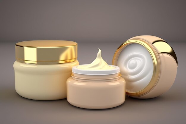 Cosmetic jars with cream on a beige background AI generated