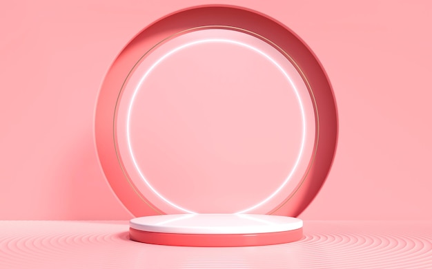 연단과 제품에 대한 최소한의 분홍색 장면이 있는 코스메틱 밝은 분홍색 배경. 최소한의 배경 개념입니다. 3d 렌더링