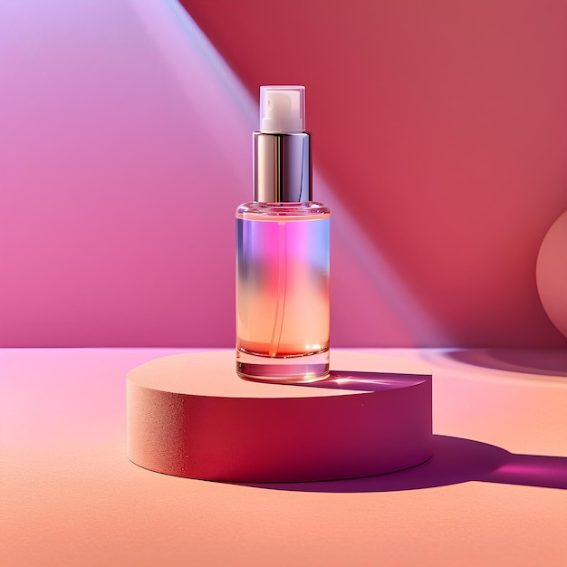 Cosmetic liquid bottle on pink background