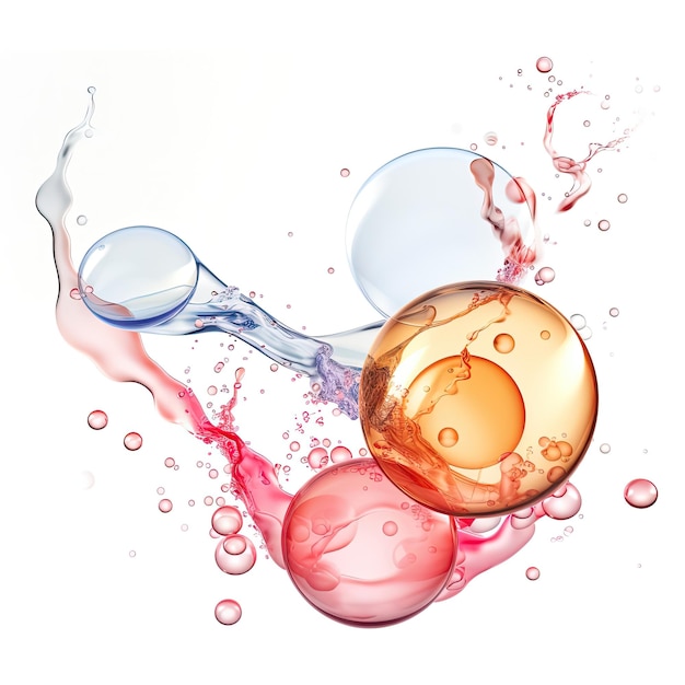 Cosmetic liquid bubbles molecules antioxidant transparent white background