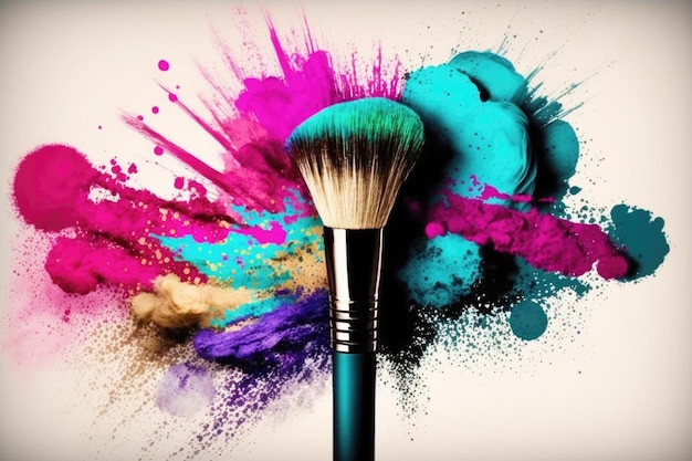 Cosmetic lush brushes and palletes of professional makeup with colorful splashes of makeup ai generative