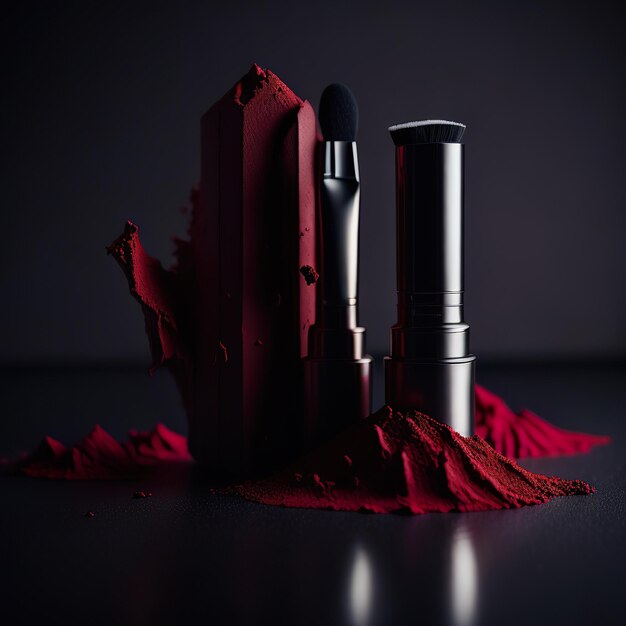 Cosmetic makeup product with red details on dark background