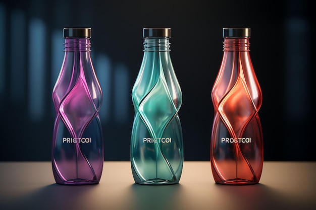 Foto mockup cosmetico di bottiglie di plastica innovative che evidenziano un progetto di collezione creativa futurista