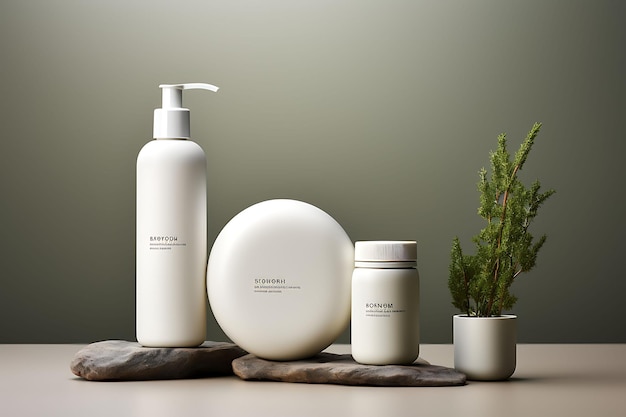 Photo cosmetic mockup of minimalist and sustainable cosmetics bottles featu creative collection designs